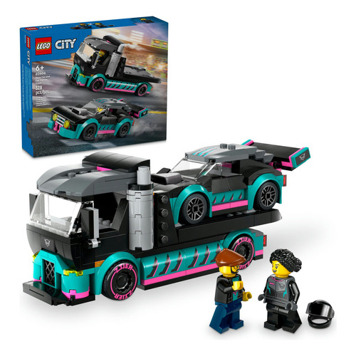 LEGO® City Auto de Carreras y Camión de Transporte, vehículo y camión con rampa de carga ajustable, minifiguras de un piloto y un chofer de camión, para niños y niñas de 6 años en adelante 60406