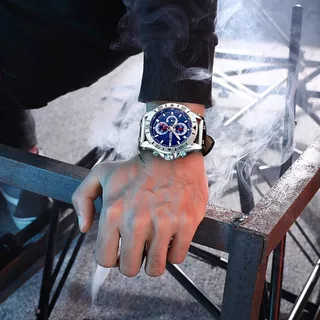 Reloj Megir Original Para Hombre Imperdible!!! Color De La Correa Marrón Color Del Bisel Plata/azul Color Del Fondo Negro