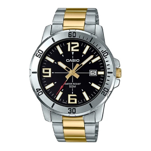 Reloj pulsera Casio Dress MTP-VD01sg1-B de cuerpo color plateado, analógico, para hombre, fondo negro, con correa de acero inoxidable color plateado y oro, agujas color dorado, blanco y rojo, dial