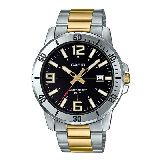 Reloj pulsera Casio Dress MTP-VD01sg1-B de cuerpo color plateado, analógico, para hombre, fondo negro, con correa de acero inoxidable color plateado y oro, agujas color dorado, blanco y rojo, dial bla