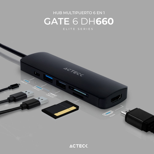 Hub Usb C 6 En 1 Gate 6 Dh660 4k Hdmi + 1xusb A 3.0 