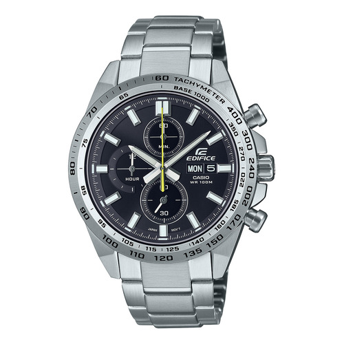 Reloj pulsera Casio EFR-574D-1AVUDF, analógico, para hombre, fondo negro, con correa de acero inoxidable color plateado, bisel color plateado y desplegable