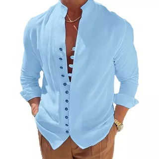 Camisa De Cuello Mao De Color Sólido De Lino Para Hombre