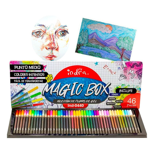 Set Plumas De Gel Indra Colección Magic Box + Estuche 46pzs Color De La Tinta Varios