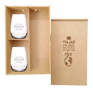 Caja Con 2 Vasos Dubai Grabados Y Espacio Vino Whisky Copa