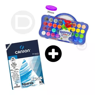 Aquarela Giotto 36 Cores 2 Pincéis + Bl Aquarela 300g 12 A4 Cor Branco