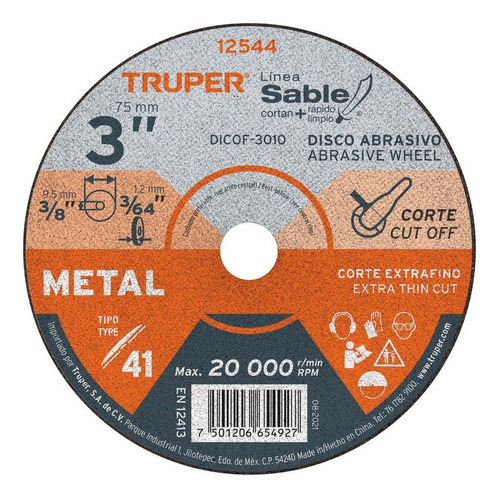 Disco 41 Corte Metal 3'' Esmeril Neumatico Truper 12544 Color Negro
