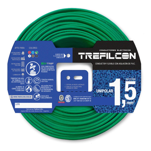 Cable Unipolar 1.5mm Normalizado Trefilcon X 50 Mts Color de la cubierta Verde