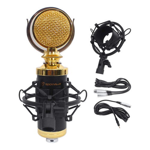 Micrófono Condensador Rockville Rcm02 Pro Studio Record Color Negro Y Dorado