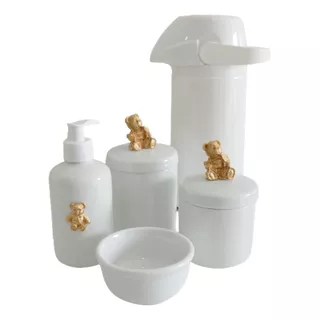 Kit Higiene Bebe Porcelana Dourado Potes Gel Termica 5 Pçs