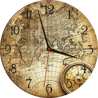 Relógio 40 Cm Retrô Mapa Mundo E Bússola
