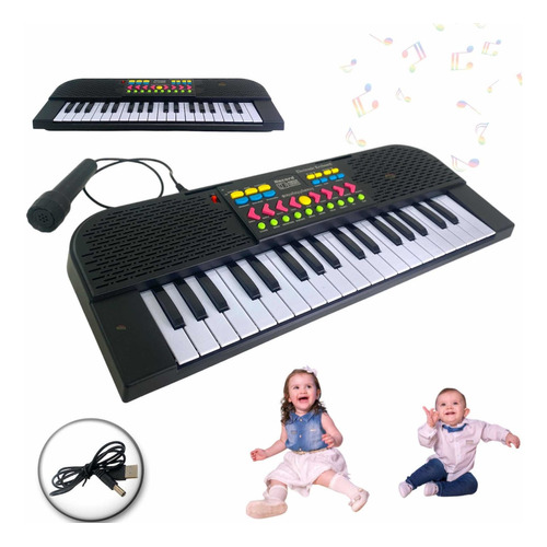 Teclado de piano infantil con micrófono para niño y niña, juguete, color negro, BATERÍA Y USB