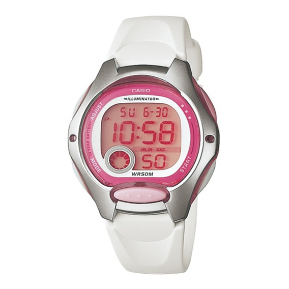 Reloj pulsera Casio Youth LW-200 de cuerpo color rosa, digital, para mujer, fondo rosa, con correa de resina color blanco, dial rosa, subesferas color beige y rosa y plateado, minutero/segundero rosa,