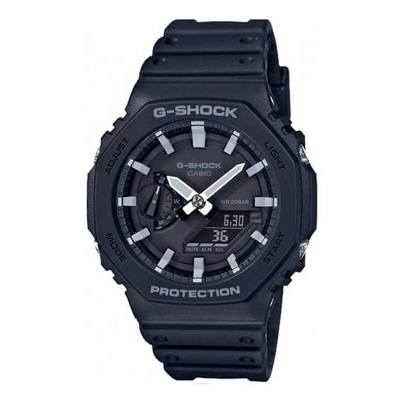 Reloj pulsera Casio G-Shock GA-2100 de cuerpo color negro, analógico-digital, para hombre, fondo negro, con correa de resina color negro, agujas color gris y blanco, dial gris, subesferas color negro,