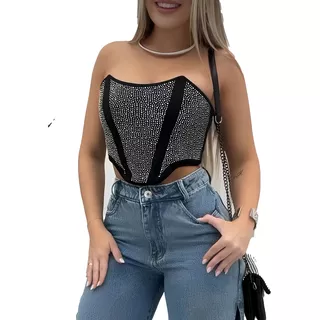 Cropped Corselet Corset Acinturado Preto Com Brilho Pedraria