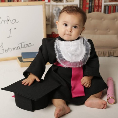 Beca De Formatura Para Bebê Completa - Preto Com Rosa