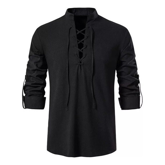 Camisa Cuello Mao Hombre Casual Manga Larga Estilo Escocesas