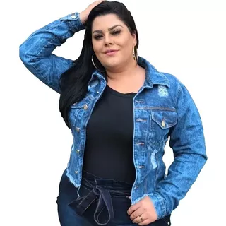 Jaqueta Jeans Feminino Plus Size Detalhe Rasgado G1 Ao G4