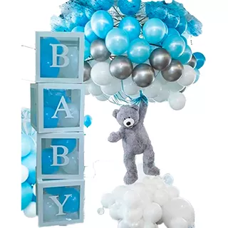 Arco Globos Baby Shower Azul Plateado Oso + Caja Mobiliario