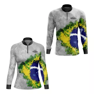 Kit Camiseta De Pesca Casal Tucunaré Brasil Gola Ziper 50 Uv