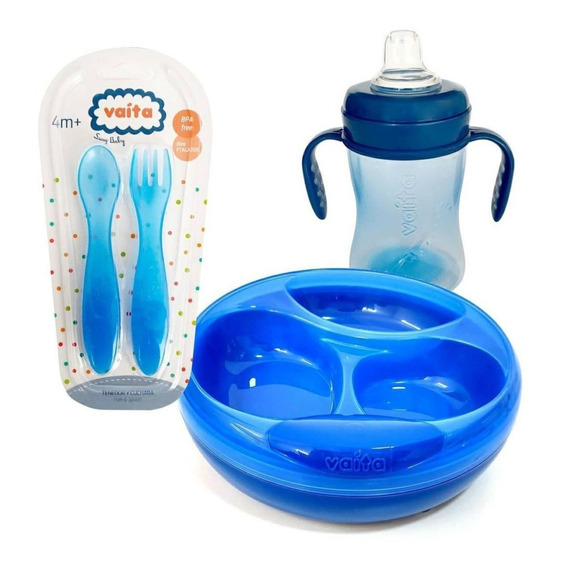 Combo Bebe Plato Térmico Con Sopapa + Cubiertos Vaita + Vaso