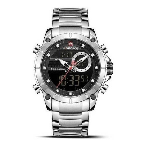 Reloj pulsera Naviforce NF9163 con correa de acero inoxidable color plateado - fondo negro
