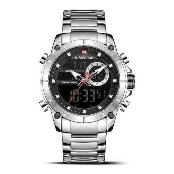 Reloj pulsera Naviforce NF9163 de cuerpo color plateado, analógico-digital, para hombre, fondo negro, con correa de acero inoxidable color plateado, agujas color plateado, blanco y rojo, dial plateado
