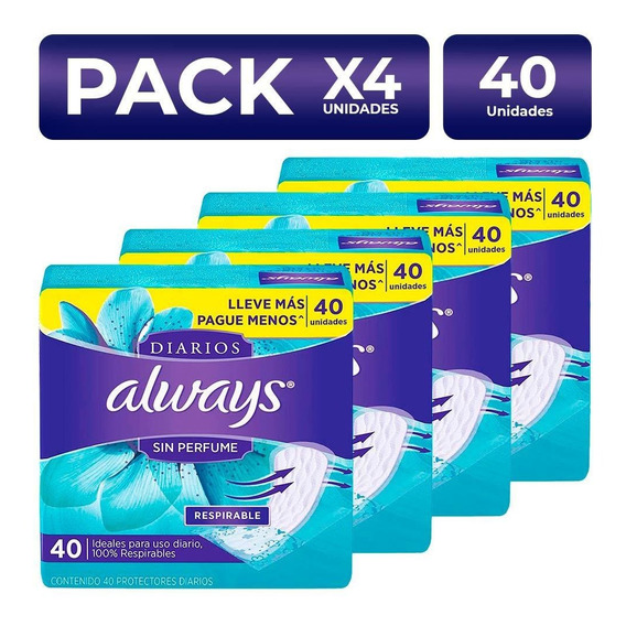 Packx4 Protectores Diarios Always Sin Perfume 40 Unidades