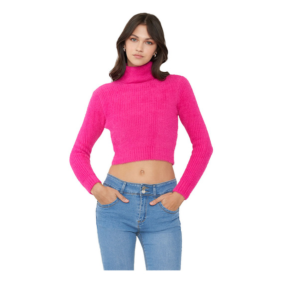 Sweater Mujer Crop Cuello Tortuga Rosado Corona