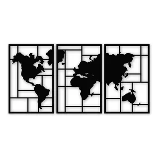 Cuadro Mapa Mundo L Tríptico Artesanal Negro Mdf Calado