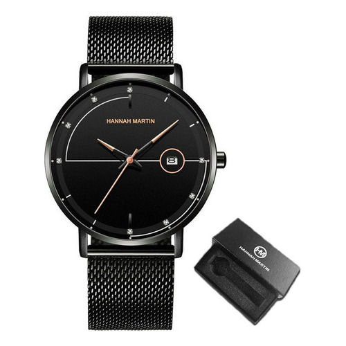 Reloj de pulsera Hannah Martin HM-10101 de cuerpo color negro, analógico, para hombre, fondo rose, con correa de acero inoxidable color y hebilla de gancho