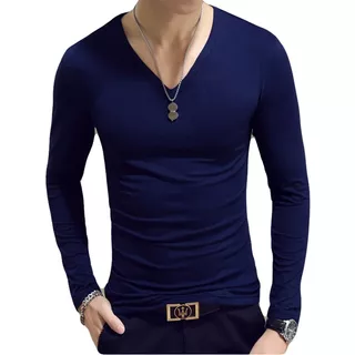 Kit 5 Camisas Camiseta Masculina Manga Longa Gola V Lycra