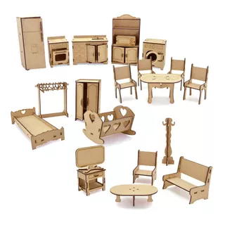 Set De Muebles Para Muñecas - 30 Piezas En Fibrofácil Mdf