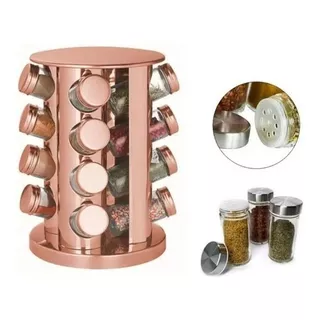 Porta Temperos E Condimentos Inox 16 Potes Suporte Giratório Cor Rose Gold