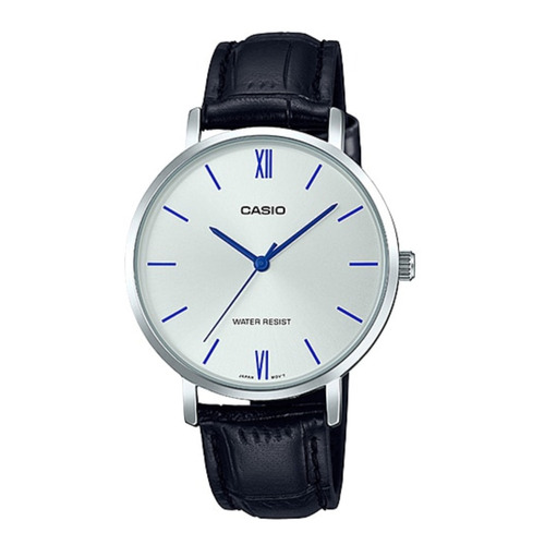 Reloj pulsera Casio Dress LTP-VT01 de cuerpo color plateado, analógico, para mujer, fondo plateado, con correa de cuero color negro, agujas color azul, dial azul, bisel color plateado y hebilla simple