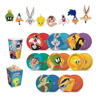 Kit Festa Looney Tunes - Faixa, Copos, Pratos E Cx. Pipoca