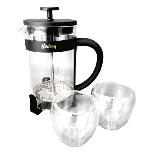 Set En Caja Hudson Cafetera 600 Ml + 2 Vasos Vidrio Cafe Color Negro Cmset80