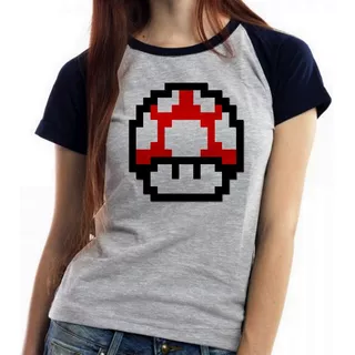 Blusa Baby Look Super Mario Nintendo Pixel Mushroom Cogumelo