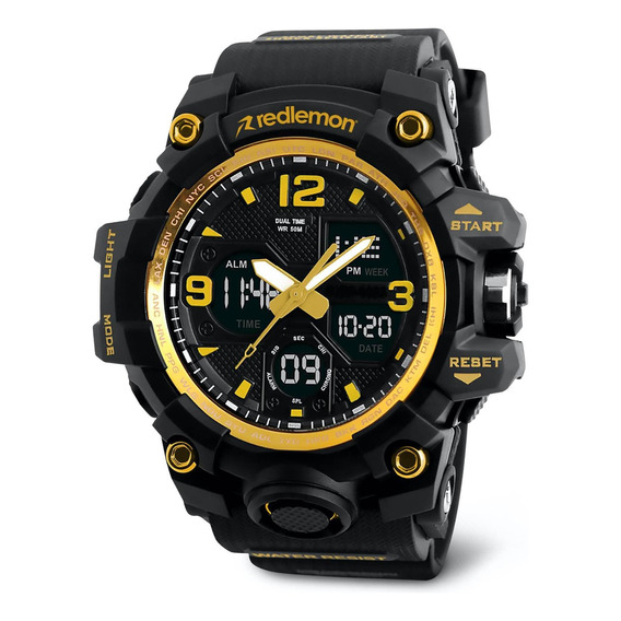 Redlemon Reloj Digital y Análogo, Deportivo y Militar, 4 Pantallas, Retroiluminación, Resistente al Agua, con Cronómetro, Temporizador, Alarma y Fecha, Modelo 1155B, Color Dorado