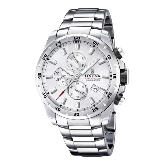 Reloj pulsera Festina Chrono Sport F20463 de cuerpo color plateado, analógico, para hombre, fondo blanco, con correa de acero inoxidable color plateado, agujas color plateado, blanco y rojo, dial plat