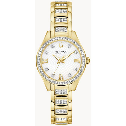 Reloj Bulova 98l306 Colección Crystal Para Mujer Color de la correa Dorado Color del bisel Dorado con Cristales Color del fondo Nácar Opalescente