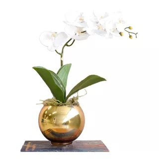 Arranjo Orquídea De Silicone Branca No Vaso De Vidro Dourado