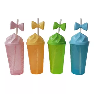 30 Vasos Plástico Tapa Y Popote Reusables Fiestas Dulceros