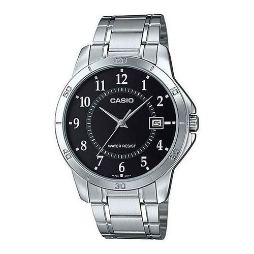 Reloj de pulsera Casio Enticer MTP-V004 de cuerpo color plata, analógico, para hombre, fondo negro, con correa de acero inoxidable color plata, agujas color plata, dial blanco, minutero/segundero blanco, bisel color plata y desplegable