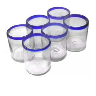 Vaso Agua 8x10 Vidrio Soplado Artesanal Con Borde Azul 