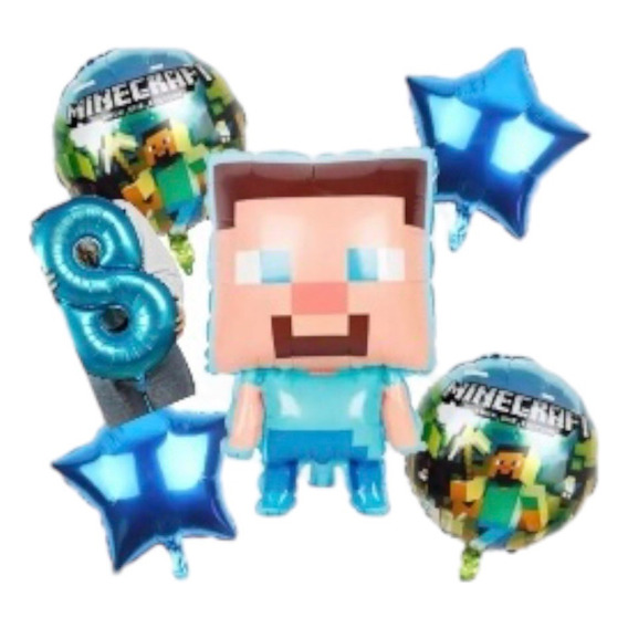 Pack 6 Globos Minecraft Con Muñeco 60 Cm Y Numero 80 Cm 