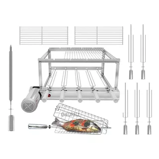 Gira Grill Churrasqueira Inox 5 Espetos + 3 Grelhas + Brinde