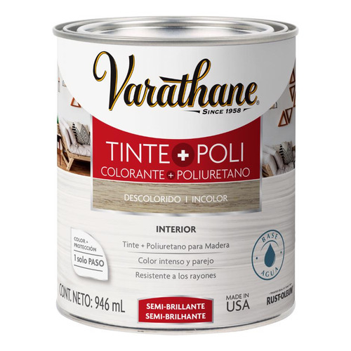 Tinte+poliuretano Para Madera Semi Brillante Varathane 946ml Color Descolorido