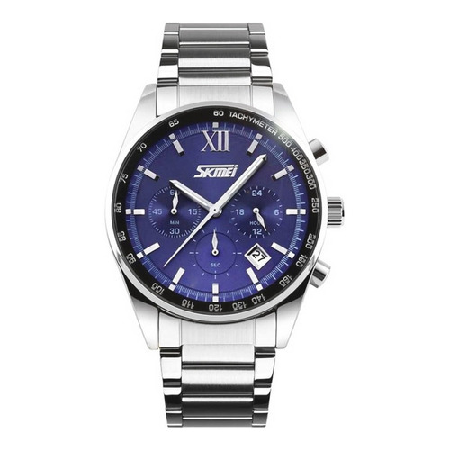 Reloj pulsera Skmei 9096 con correa de acero inoxidable color plateado - fondo azul - bisel negro/plateado