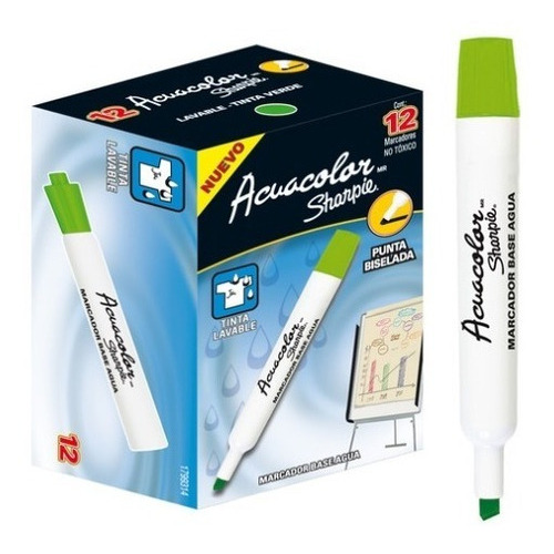 Marcador Acuacolor Sharpie Base Agua C/12 Cincel 1 Color Color Verde claro